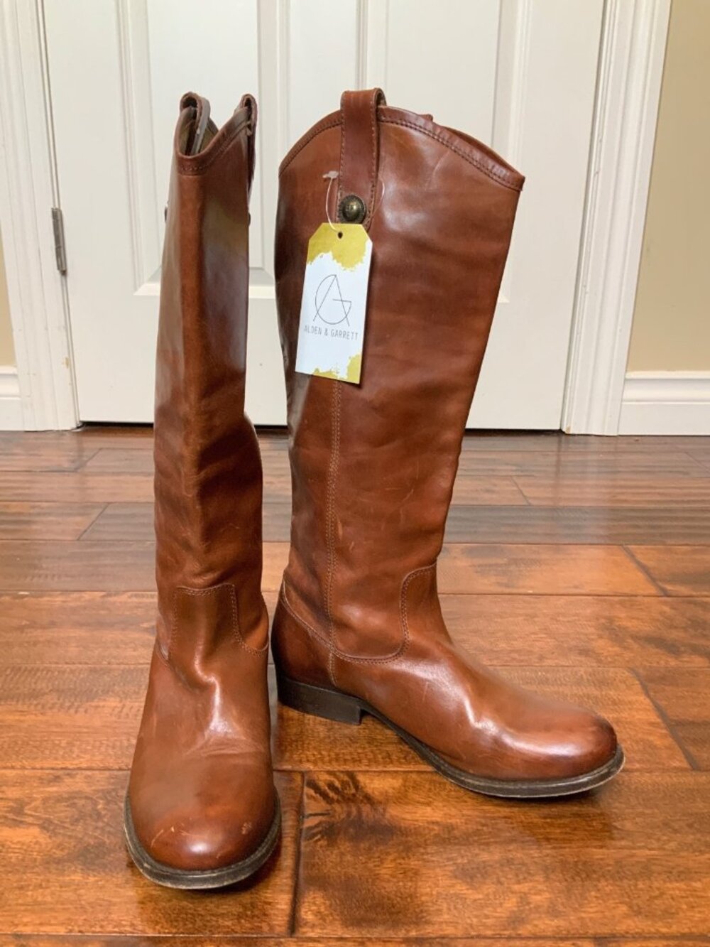 Frye Brown Leather Jackie Button Riding Boots With Block Heels, Size 6.5